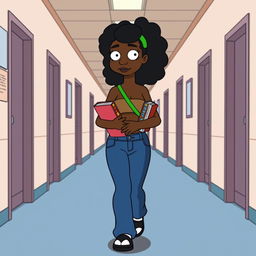 A black girl walking through the hallways of a school, designed in the style of The Simpsons animated series