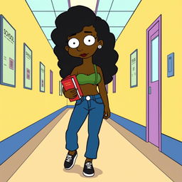 A black girl walking through the hallways of a school, designed in the style of The Simpsons animated series