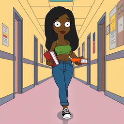 A black girl walking through the hallways of a school, designed in the style of The Simpsons animated series