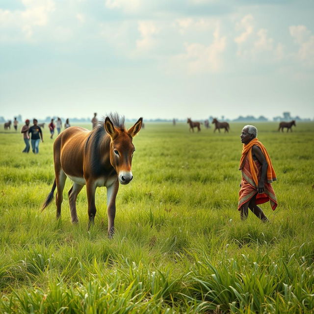 In vast fields, people are seen running away in fear as they spot a lion disguised as a donkey grazing peacefully