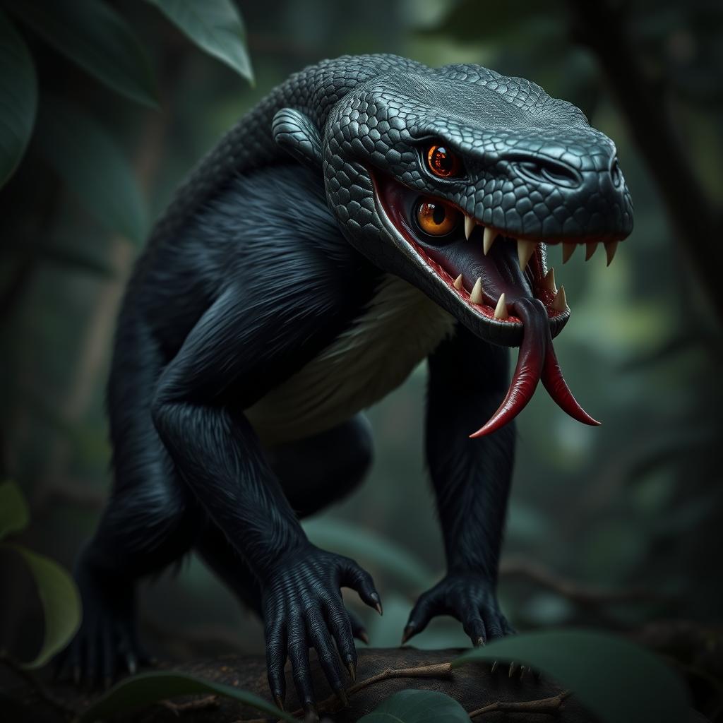 A hybrid creature featuring a small black monkey's body with the head of a dangerous snake