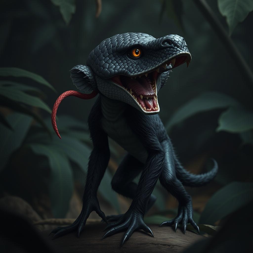 A hybrid creature featuring a small black monkey's body with the head of a dangerous snake