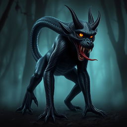 A dark, devilish monkey with a sleek black body and the head of a sinister snake