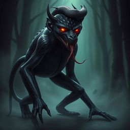 A dark, devilish monkey with a sleek black body and the head of a sinister snake