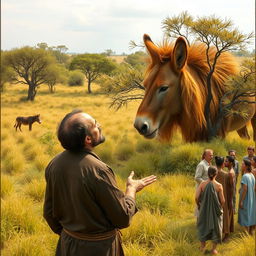 An intelligent man observing the true nature of a lion (donkey) while spotting a washerman hiding behind the trees