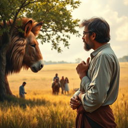 An intelligent man observing the true nature of a lion (donkey) while spotting a washerman hiding behind the trees