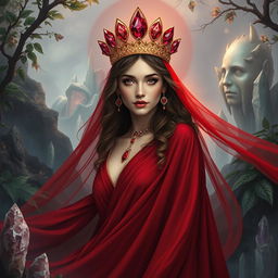 The Goddess of January appears in a mystical setting, draped in a deep red flowing dress that embodies the vitality of Garnet