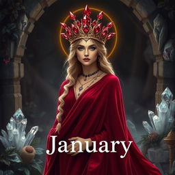 The Goddess of January appears in a mystical setting, draped in a deep red flowing dress that embodies the vitality of Garnet