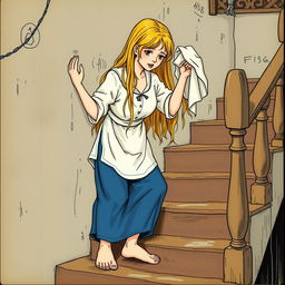 Cenerentola is cleaning the stairs of her dwelling with a wet cloth, displaying her long blonde hair