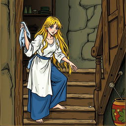 Cenerentola is cleaning the stairs of her dwelling with a wet cloth, displaying her long blonde hair