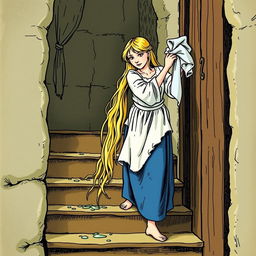 Cenerentola is cleaning the stairs of her dwelling with a wet cloth, displaying her long blonde hair