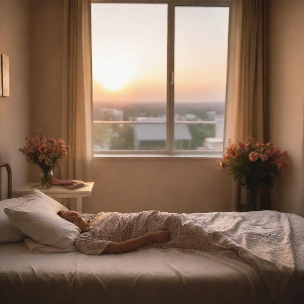 A peaceful hospital room at sunset where a brave woman is resting, surrounded by warm light and carefully arranged flowers bringing an atmosphere of love, strength and hope.