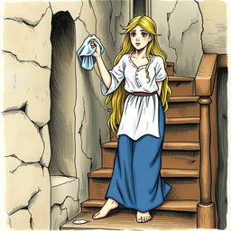 Cenerentola is cleaning the stairs of her dwelling with a wet cloth, displaying her long blonde hair