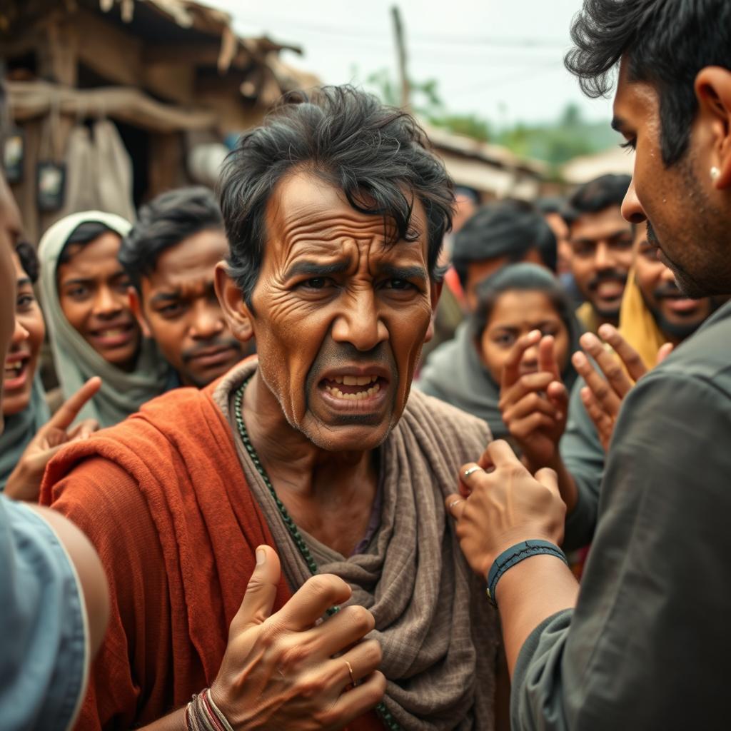 A scene in a village with a crowd of people angrily confronting a washerman