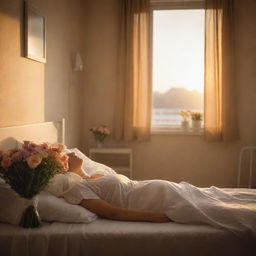 A peaceful hospital room at sunset where a brave woman is resting, surrounded by warm light and carefully arranged flowers bringing an atmosphere of love, strength and hope.