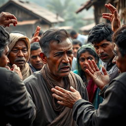 A scene in a village with a crowd of people angrily confronting a washerman