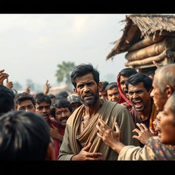 A scene in a village with a crowd of people angrily confronting a washerman