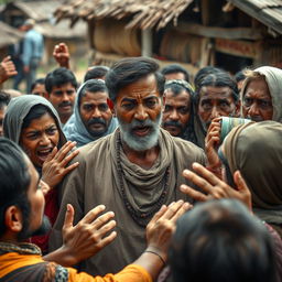 A scene in a village with a crowd of people angrily confronting a washerman