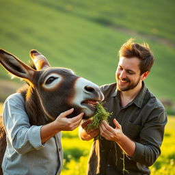 a man lovingly feeding a donkey in the fields, the donkey looks joyful munching on fresh fodder, the man with a face full of affection, friendly atmosphere between the man and the donkey, lush green fields in the background, warm sunlight casting a gentle glow over the scene