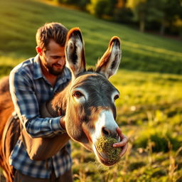 a man lovingly feeding a donkey in the fields, the donkey looks joyful munching on fresh fodder, the man with a face full of affection, friendly atmosphere between the man and the donkey, lush green fields in the background, warm sunlight casting a gentle glow over the scene