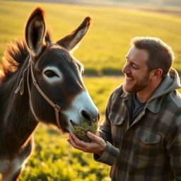 a man lovingly feeding a donkey in the fields, the donkey looks joyful munching on fresh fodder, the man with a face full of affection, friendly atmosphere between the man and the donkey, lush green fields in the background, warm sunlight casting a gentle glow over the scene