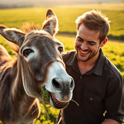 a man lovingly feeding a donkey in the fields, the donkey looks joyful munching on fresh fodder, the man with a face full of affection, friendly atmosphere between the man and the donkey, lush green fields in the background, warm sunlight casting a gentle glow over the scene