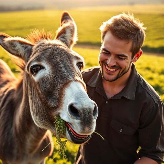 a man lovingly feeding a donkey in the fields, the donkey looks joyful munching on fresh fodder, the man with a face full of affection, friendly atmosphere between the man and the donkey, lush green fields in the background, warm sunlight casting a gentle glow over the scene