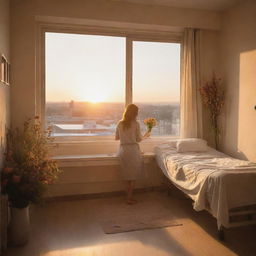 A peaceful hospital room at sunset where a brave woman is resting, surrounded by warm light and carefully arranged flowers bringing an atmosphere of love, strength and hope.