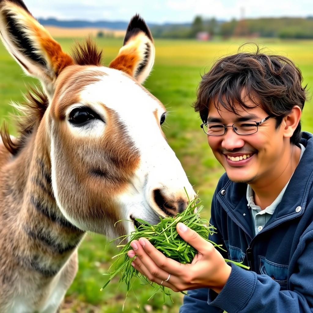 A new owner lovingly feeding fresh fodder to a donkey in the fields