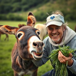 A new owner lovingly feeding fresh fodder to a donkey in the fields