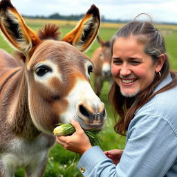 A new owner lovingly feeding fresh fodder to a donkey in the fields