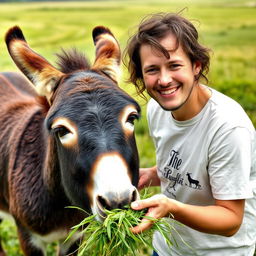 A new owner lovingly feeding fresh fodder to a donkey in the fields