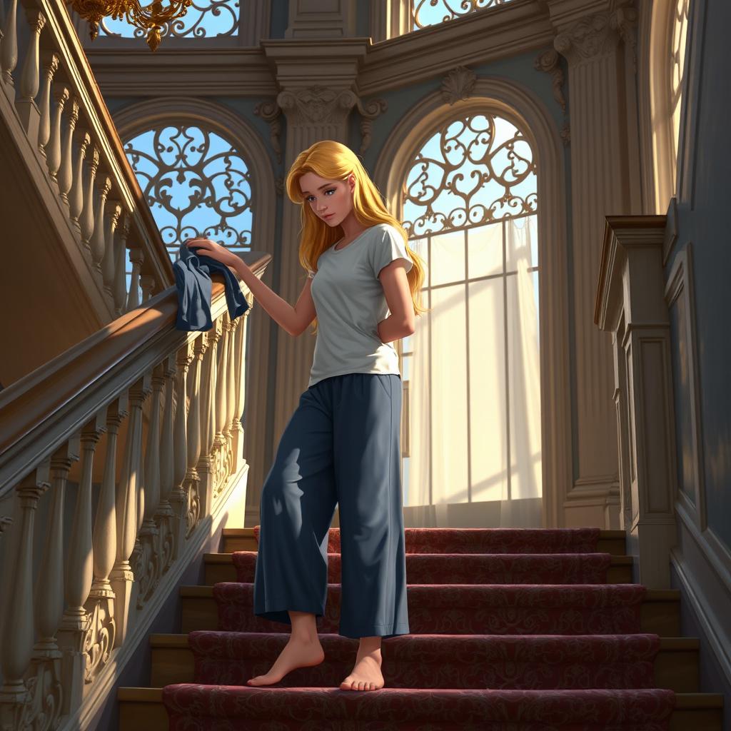 Cinderella cleaning the bannisters of her stepmother's house with a wet cloth