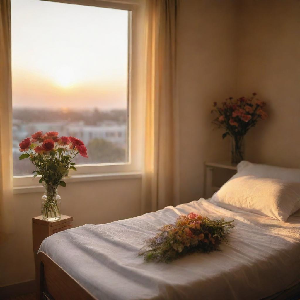 A peaceful hospital room at sunset where a brave woman is resting, surrounded by warm light and carefully arranged flowers bringing an atmosphere of love, strength and hope.