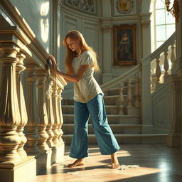 Cinderella cleaning the bannisters of her stepmother's house with a wet cloth