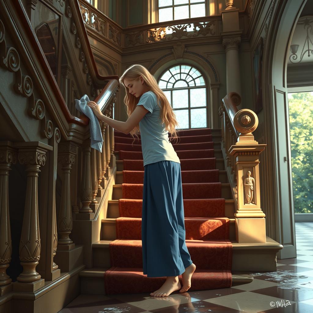 Cinderella cleaning the bannisters of her stepmother's house with a wet cloth