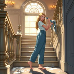 Cinderella cleaning the bannisters of her stepmother's house with a wet cloth