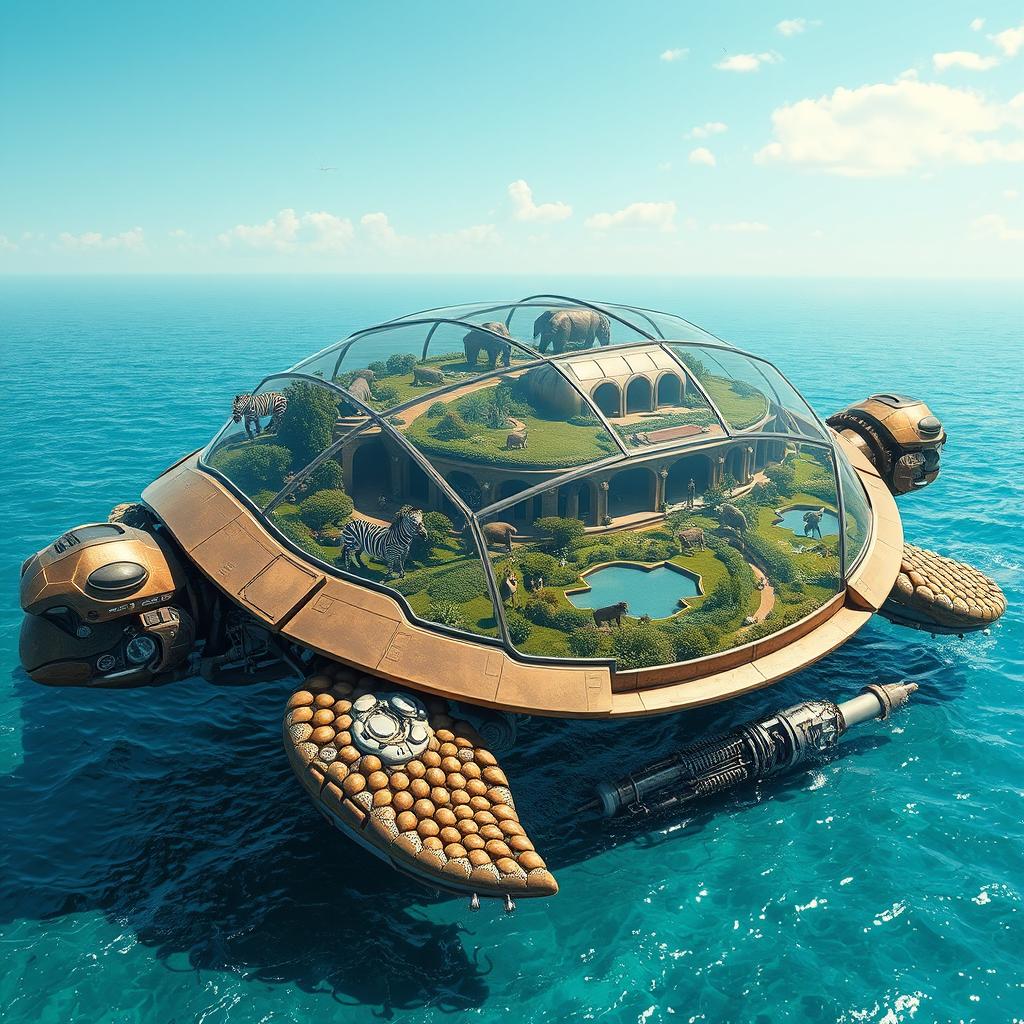 A gigantic futuristic mechanical turtle featuring complex metal and glass engineering