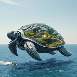 A gigantic futuristic mechanical turtle featuring complex metal and glass engineering