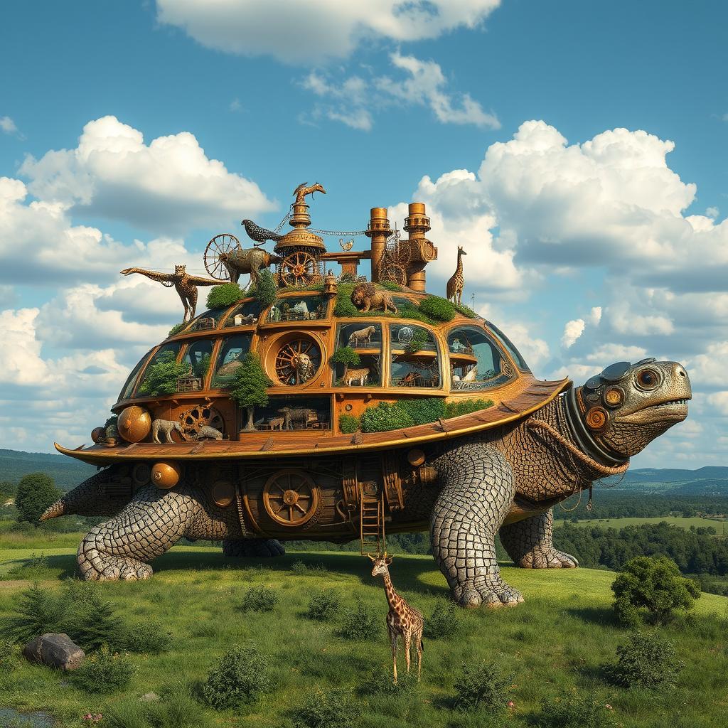 A gigantic steampunk turtle, adorned with gears, cogs, and steam pipes, creates an awe-inspiring mechanical marvel