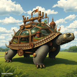 A gigantic steampunk turtle, adorned with gears, cogs, and steam pipes, creates an awe-inspiring mechanical marvel