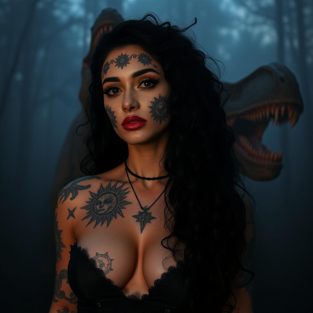 a beautiful goth woman with long black curly hair, wearing intricate face tattoos on the entire left side of her face, and suns tattooed around her nipples