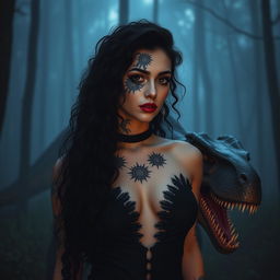 a beautiful goth woman with long black curly hair, wearing intricate face tattoos on the entire left side of her face, and suns tattooed around her nipples