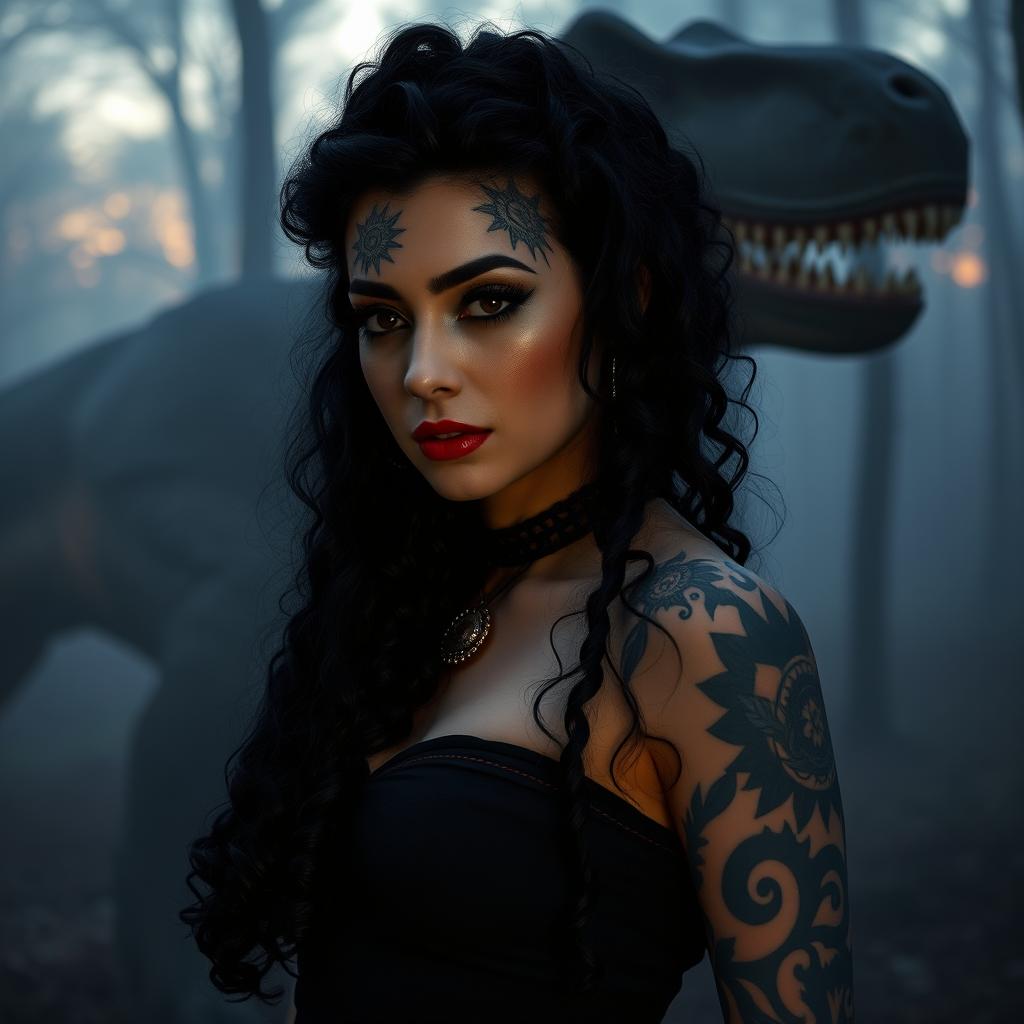 a beautiful goth woman with long black curly hair, wearing intricate face tattoos on the entire left side of her face, and suns tattooed around her nipples