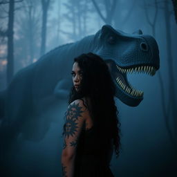 a beautiful goth woman with long black curly hair, wearing intricate face tattoos on the entire left side of her face, and suns tattooed around her nipples