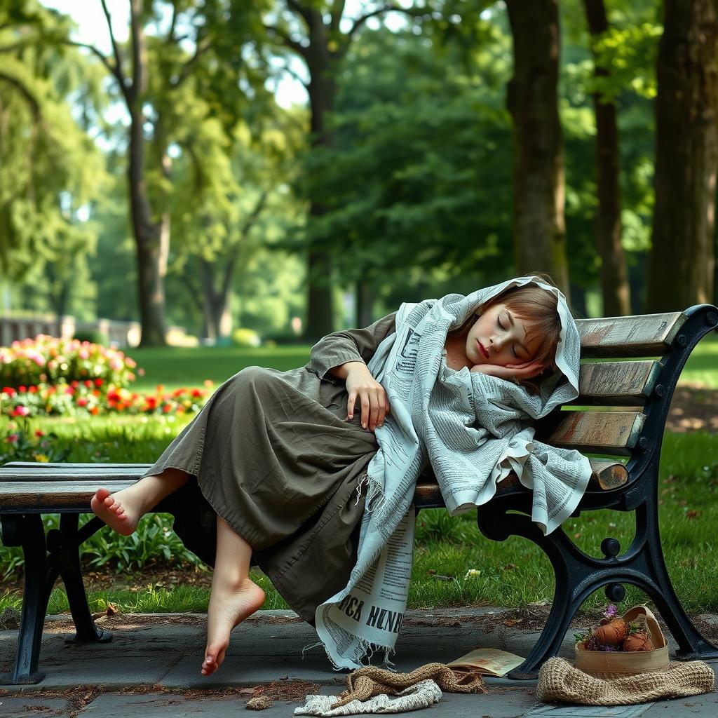 A beautiful homeless girl sleeping on a park bench, wrapped in newspapers