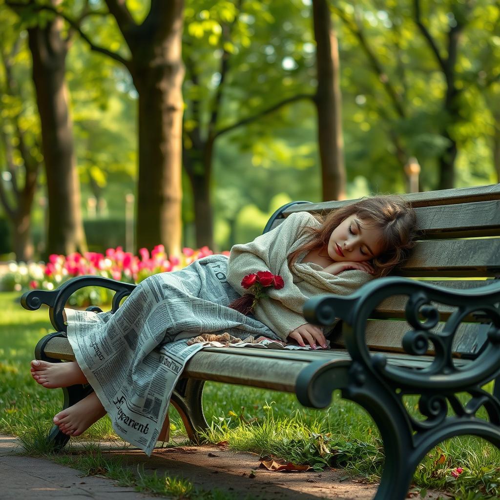 A beautiful homeless girl sleeping on a park bench, wrapped in newspapers