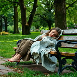 A beautiful homeless girl sleeping on a park bench, wrapped in newspapers