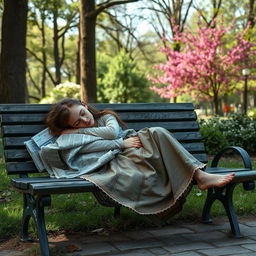 A beautiful homeless girl sleeping on a park bench, wrapped in newspapers