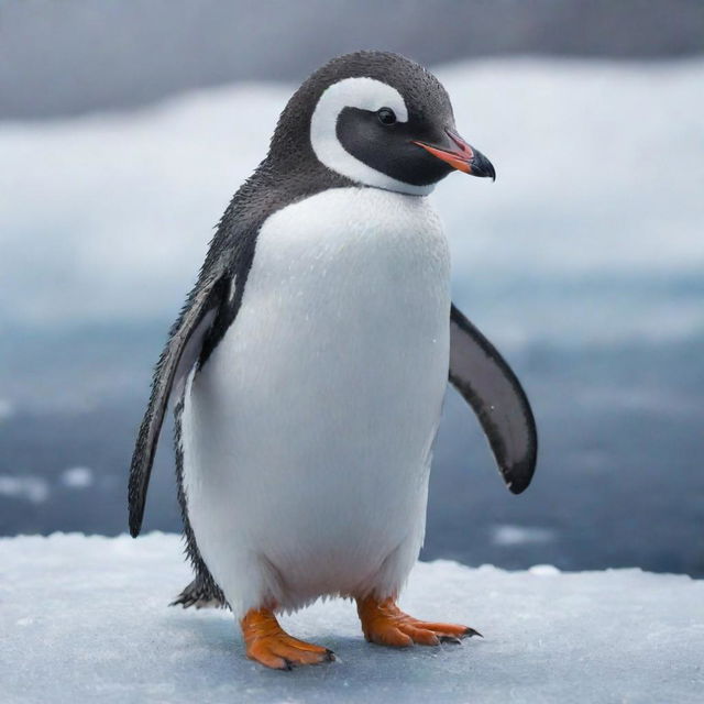 A professionally pixelated image of a cute penguin standing on an icy terrain.